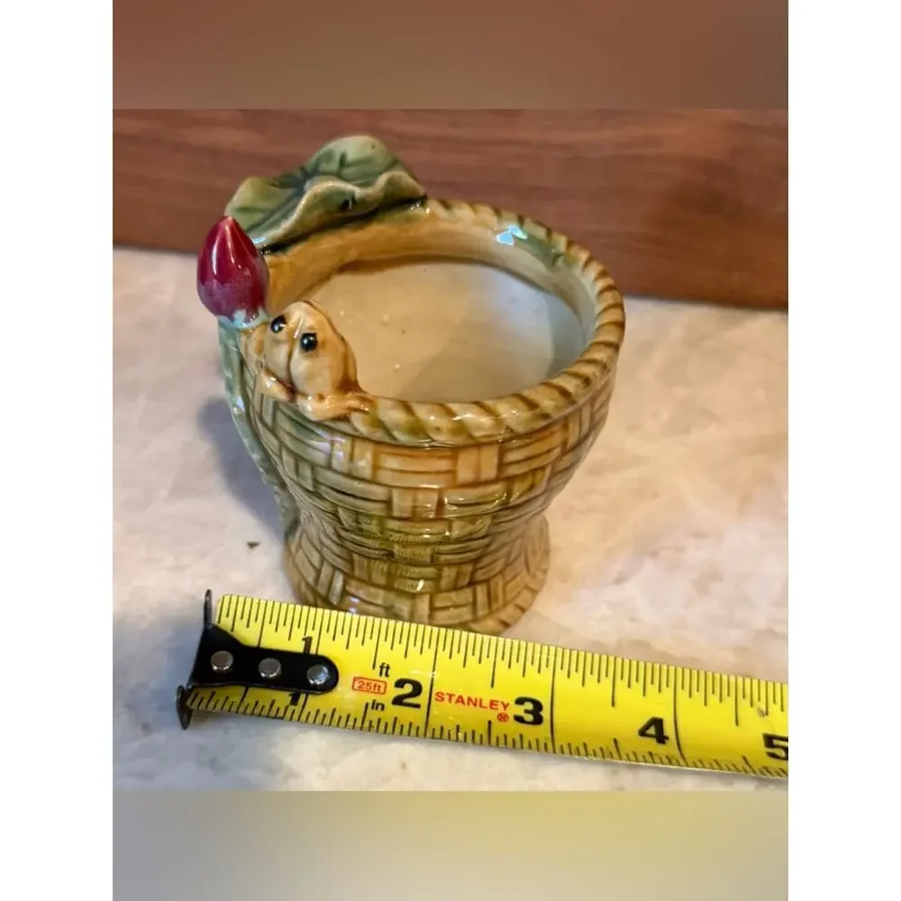 Vintage small pottery vase majolica frog and lily pad